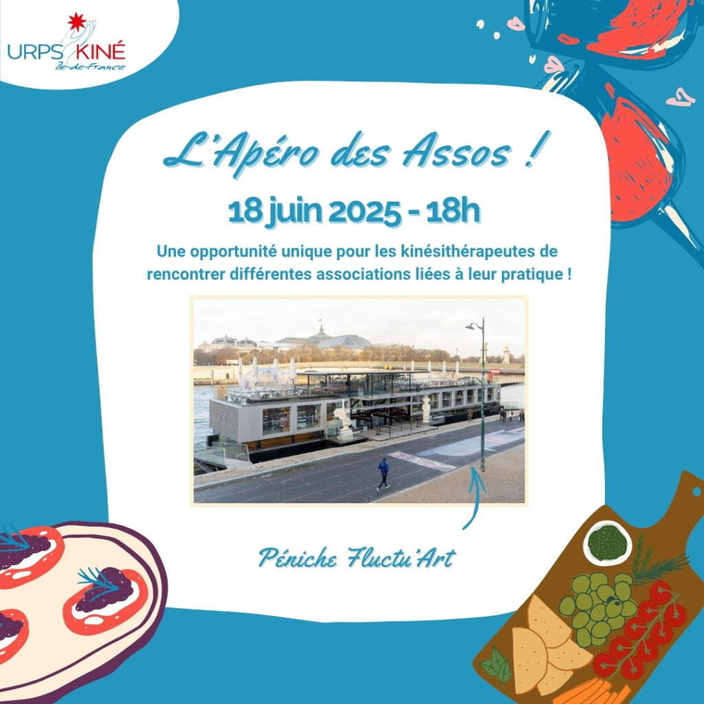 L'APERO DES ASSOS - le rendez-vous des kinés d'IDF 1 Affiche avec dessins de planches et cocktails et photo de la Péniche. Le toit du Grand Palais apparaît au loin, de l'autre côté de la Seine.